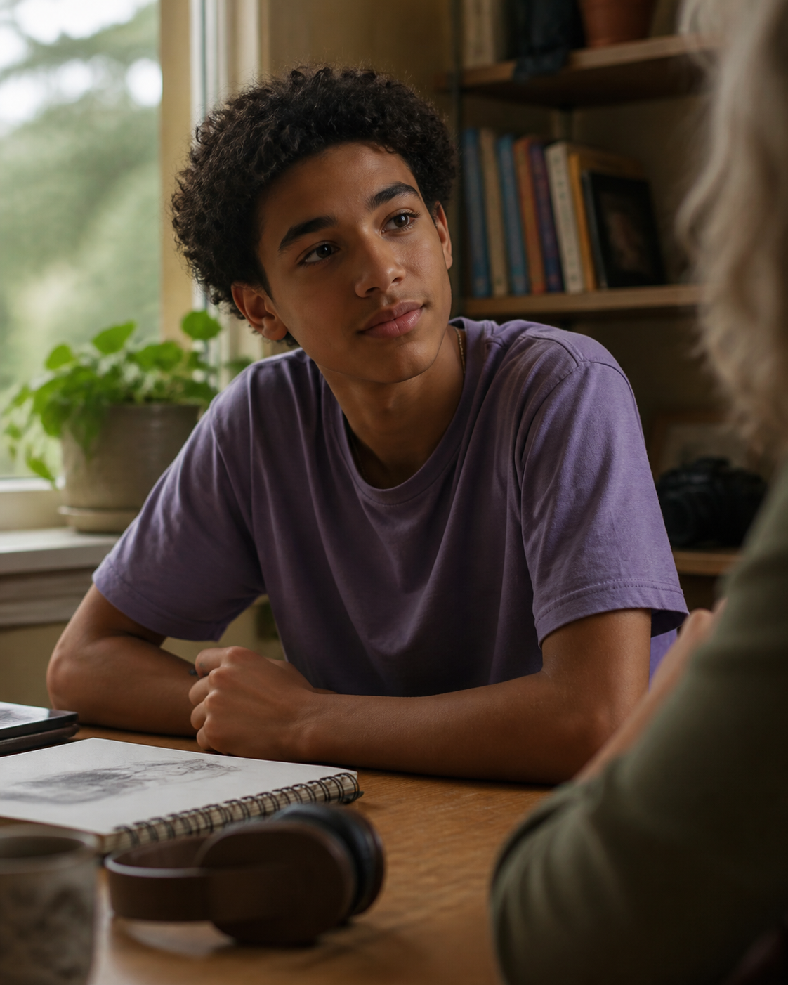 Adolescente en una conversación cotidiana en un entorno cálido y familiar.