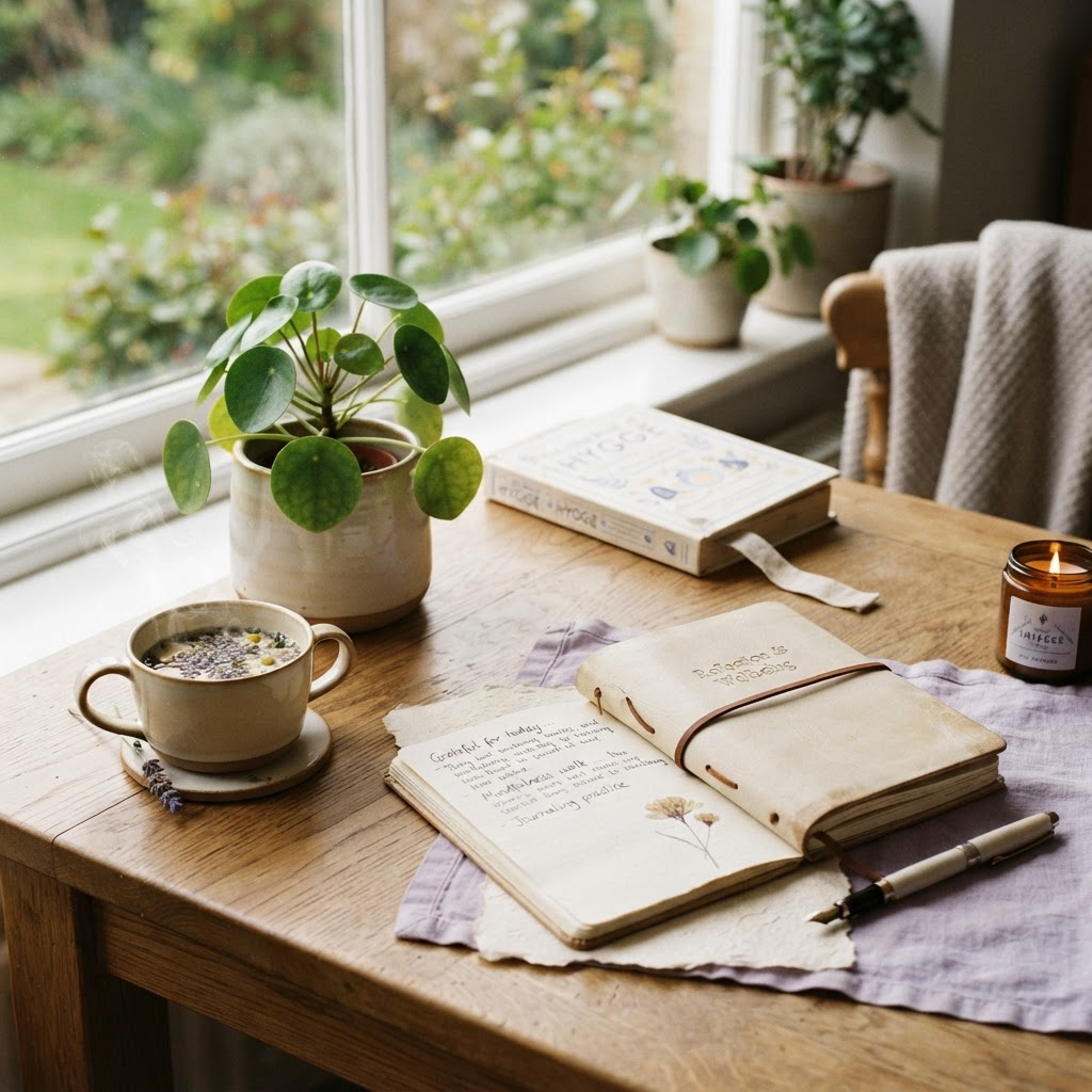 Espacio de lectura y reflexión con un cuaderno, una taza y una planta